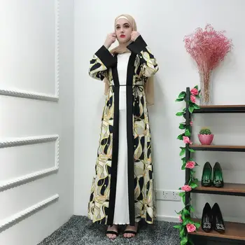 Otvoriť Predné Abaya Dubaj Ženy Maxi Šaty Vytlačené Kimono Jilbab Kaftan Dlhý Rukáv Kaftane Islamské Oblečenie Cardigan Turecký Župan