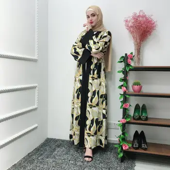 Otvoriť Predné Abaya Dubaj Ženy Maxi Šaty Vytlačené Kimono Jilbab Kaftan Dlhý Rukáv Kaftane Islamské Oblečenie Cardigan Turecký Župan