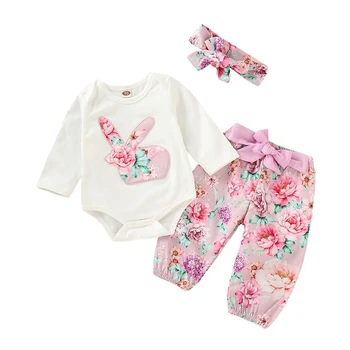 3ks Novorodenca Dievčatá Oblečenie s Dlhým Rukávom Romper T-Shirt Top+Kvetinový Nohavice+hlavový most Batole Detské Oblečenie Bavlnené Oblečenie