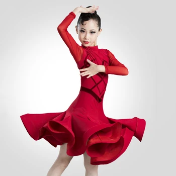 Latinské Tanečné Šaty Dievčatá Súťaže Červené Šaty Profesionálne Dlhé Rukávy Červené Šaty Cha Cha Praxi Oblečenie Deti Dancewear BI559