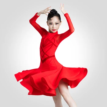 Latinské Tanečné Šaty Dievčatá Súťaže Červené Šaty Profesionálne Dlhé Rukávy Červené Šaty Cha Cha Praxi Oblečenie Deti Dancewear BI559