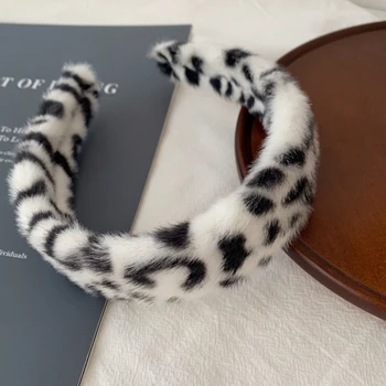 Dámy Ročník Zimných Fuzzy Plyšové Čelenka Čierna Biela Leopard Zebry Pruhy Široké Vlasy Hoop Make-Up Umyť Tvár Šatka Na Krk