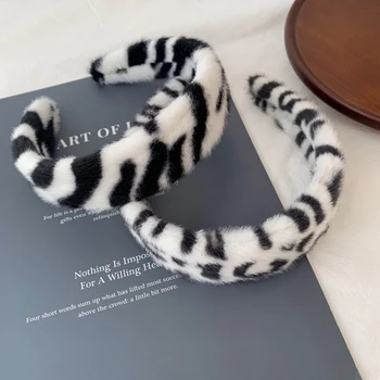 Dámy Ročník Zimných Fuzzy Plyšové Čelenka Čierna Biela Leopard Zebry Pruhy Široké Vlasy Hoop Make-Up Umyť Tvár Šatka Na Krk