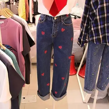Nová jar, jeseň kórejský rovné džínsy ženy vysoký pás láska srdce šitie módne voľné džínsové nohavice truosers r1303