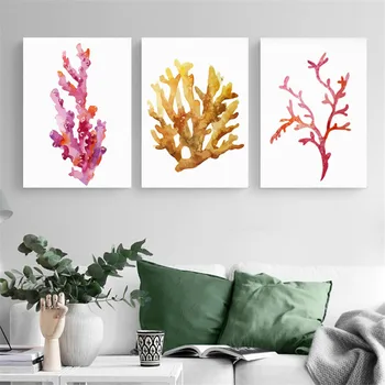 Farebné More Coral Stone Plátno Na Maľovanie Obývacia Izba Dekorácie Modrá Ružová Plagát Strom Pobočky Abstraktné Minimalistický Obrazov Na Stenu
