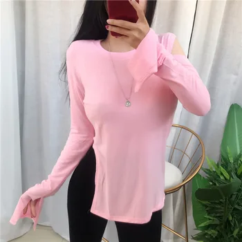 2020 Južná Kórea Nový Ženy Sexy Duté Z Ramenný Svetlo Ružové Bez Ramienok Nepravidelný T Shirt Sexy Tričko