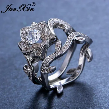 JUNXIN Luxusné Kvetinové Krúžok Žien Prsteň Nové Módne Biele Zlato Vyplnené Šperky Vintage Snubné Prstene Pre Ženy Značky Dary