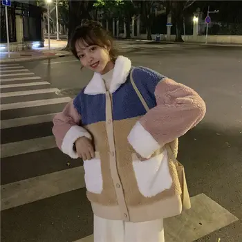 Ženy hrubé bavlna kabát zimný populárne spojov kontrast farieb kabát teplý kabát kórejský college kabát nadrozmerná Klope kabáta iny