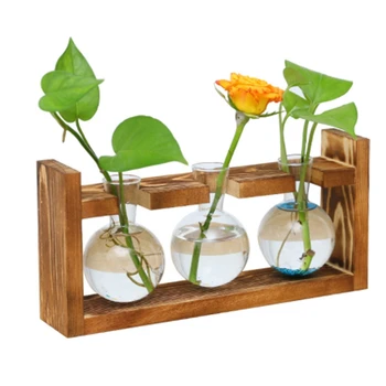 Drevený Rám Gl Váza Hydroponických Rastlín Váza Vintage Kvetináče Tabuľka Desktop Bonsai Srdce Tvar Domáce Dekorácie