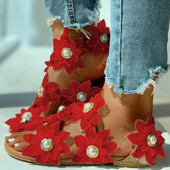 Ženy Voľný Čas Sandále Bohemia Štýl Letné Topánky Pláži Dovolenku Komfortné Ploché Sandále Kvet Sandále Otvorené Prst Pearl Móda