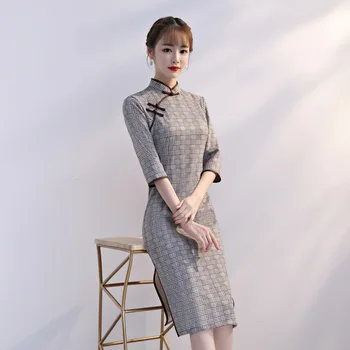 Štýlové Dámske Cheongsam 2019 Čínsky štýl Mandarin Golier Koleno Dĺžke Šaty Jeseň Dámske Qipao Slim Party Šaty Vestido
