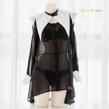 Sexy Subtranslucent Mníška Jednotné Sleepwear Japonských Žien, Retro Jednoduché Čierne Šifón Pohľadu Šaty, Spodná Bielizeň Vyhovovali Cosplay