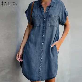 2021 ZANZEA Módne Demin Modré Tričko Šaty Letné Sexy Mini Sundress Ženy Bežné Krátky Rukáv Vestidos Ženské Šaty Plus Veľkosť