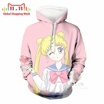 Hot Predaj 3D Sailor Moon Tlač, Ružové a Hoodies Pre Ženy Bežné Jeseň Zima Hip Hop, Mikiny Voľný čas Dospievajúce Dievčatá Anime Šaty