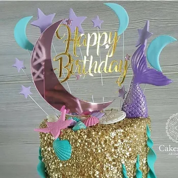 Hviezdy Happy Birthday Akryl Tortu Vňaťou Zlato Mesiac Narodeniny Tortu Vňaťou Dodávky pre Narodeniny, Výročie Strany Cake Dekorácie