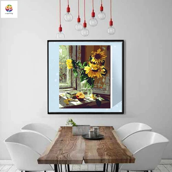 Slnečnica Váza Okno Scenérie Frameless Maľby Číslo Akrylová Farba Moderné Nástenné Umelecké Plátno Na Maľovanie Domov Deco Riešenie