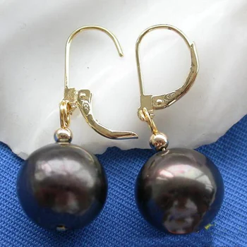 Elegantné Pravých Sladkovodných Perál Visieť Náušnice Pre Ženy,14 mm Blak Kolo Pearl Šperky