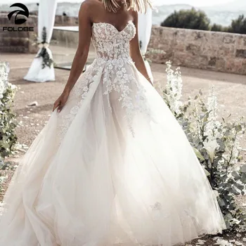 2021 Najnovšie Elegantné Svadobné Šaty Zlatíčko-line Tylu Appiques Čipky Korálkové Ilúzia Dizajnu Svadobné Šaty vestidos de novia