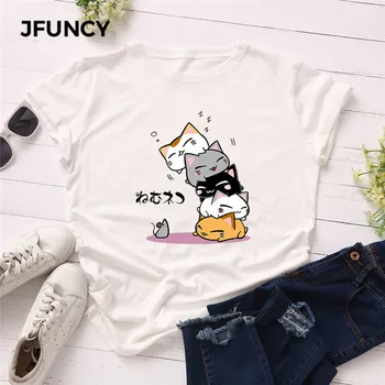 JFUNCY Plus Veľkosť S-5XL Nové Krásna Mačka List Tlač Tričko Ženy Bavlna, Krátky Rukáv Letné T-Shirt Topy Bežné Tričko