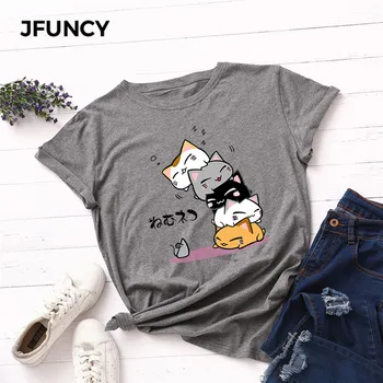 JFUNCY Plus Veľkosť S-5XL Nové Krásna Mačka List Tlač Tričko Ženy Bavlna, Krátky Rukáv Letné T-Shirt Topy Bežné Tričko