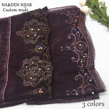 Zákazku dizajn hidžáb výšivky, kvetinové hawl šatku farebné perly šatky módne moslimských scarfs 3 vzory hijabs