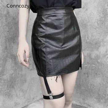 Ženské Faux Kožené Gotickej Módy Bodycon Sukne Black Grunge Čipky Vysoký Pás A-line Mini Sukňa s Zip Ženy Partywear
