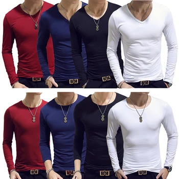 2021 Elastické Pánske T-Shirt O-Krku Okrúhlym Výstrihom, Dlhý Rukáv Muži T-Shirt Pre Mužov Lycra A Bavlnené Tričká Muž Oblečenie