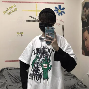 Japonsko T-Shirt Mens 2019 Punk Jar Jeseň Značky Hip-HopSummer Tee Top Falošné Dva Kusy Dlhý Rukáv Mužov Tričko Streetwear Mužov