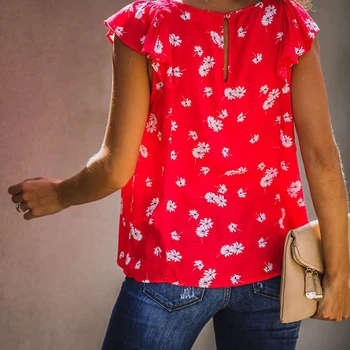 Bez Rukávov O-Krku Ženy T-Shirts Príležitostné Letné Topy Tees Žena Ulici Kvetinový Tlač Voľné T-Shirt