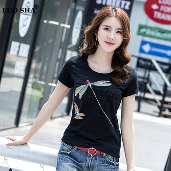 LUO SHA Nový Príchod kórejskej Ženy Tričko Žena Krátke Sleeve Tee Tričko Femme Zvierat Vzor Feminina Dámy Top Camiseta Feminina
