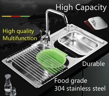 Doprava zadarmo High capacity umývanie zeleniny veľká spoločná kuchyňa, dvojité drážky umývadlo 304 nerezovej ocele luxusné 81x43 CM