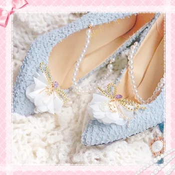 Lolita modrá shell perlou poukázal na vysokom podpätku topánky dámske francúzsky plytké úst kawaii topánky cosplay loli denne jednu topánky
