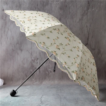 Retro Gázy Výšivky Násobne čipky dáždnik poschodové Čierne Gumové slnko a dážď dáždnik Triple skladacie Lady umbrellals