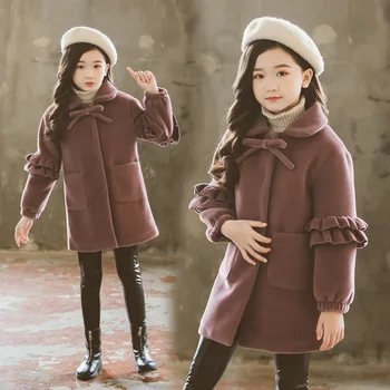 Dievčatá Oblečenie Na Jeseň Zima 2020 Deti Móda Pevné Hrubé Teplé Stredne Dlhý Vlnené Kabát Klope Luk Výstrihu Bundy 3-12 Rok
