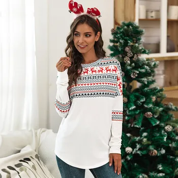 Vianočné Elk Tlač Topy Tee Jeseň A v Zime sa Ženy T-shirt Bežné Ženské Dlhý Rukáv T Shirt 2020 Vianočné Top Domáce oblečenie