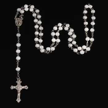 Biela Katolíckej Ruženec Náhrdelník s Bielymi Náboženské Biela Imitácia Perly Perličiek s Dlhým Reťazcom Náhrdelník Ježiš Šperky Darček
