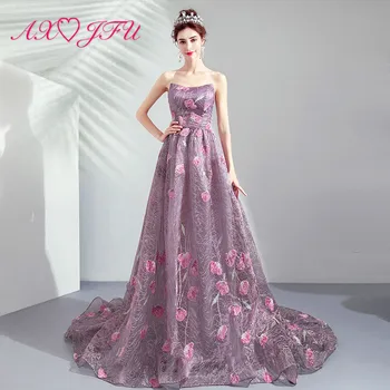 AXJFU princezná fialová čipky Večerné Šaty luxusné retro bez ramienok bez rukávov ružový kvet chvost fialová večerné šaty 3160