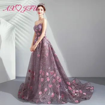 AXJFU princezná fialová čipky Večerné Šaty luxusné retro bez ramienok bez rukávov ružový kvet chvost fialová večerné šaty 3160