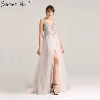 Nové Princezná Hlboko V Tyl Sexy Split Večerných Šiat, Lištovanie Sequined A-Line Večerné Šaty 2020 Serene Hill LA6223