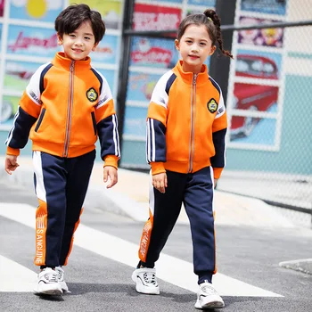 Jeseň Zima Základnej Školy Jednotné Hrubé Bundy Nohavice Vyhovovali Velvet Materskej Škole Študent Oblečenie Orange Športové Oblečenie