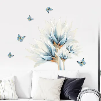 Vodné Farby Blue Butterfly Kvet Stenu, Nálepky, Obývacia Izba Gauč Pozadí Domáce Dekorácie nástenná maľba Spálňa Tapety, PVC Samolepky