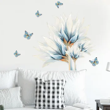 Vodné Farby Blue Butterfly Kvet Stenu, Nálepky, Obývacia Izba Gauč Pozadí Domáce Dekorácie nástenná maľba Spálňa Tapety, PVC Samolepky