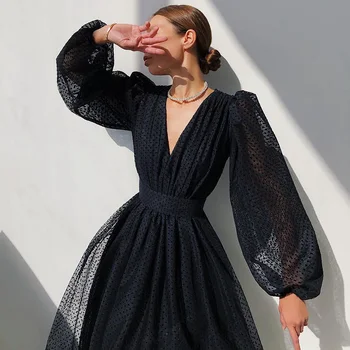 Bodka Vysoký Pás Midi dámske Šaty tvaru Transparentné Lístkového Rukáv Šaty Žena 2021 Jar Leto Elegantné Dámy Strany Vestidos