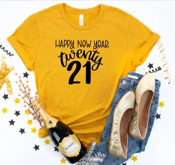 2021 Šťastný Nový Rok Unisex Tričko Bavlna tričko Bežné Zábavné Zlatý list vzor Pre Lady Dievča Top Tee Kvapka Loď harajuku