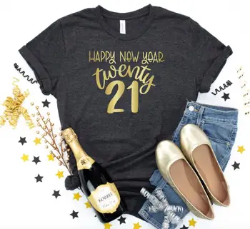 2021 Šťastný Nový Rok Unisex Tričko Bavlna tričko Bežné Zábavné Zlatý list vzor Pre Lady Dievča Top Tee Kvapka Loď harajuku