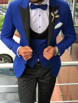 2020 Slim Fit Muži Obleky Pre Svadobné Kráľovská Modrá, Čierne Nohavice Kostým Homme Ženícha Smoking 3 ks Najlepší Muž Vyhovovali Dvojité Breasted Vesta