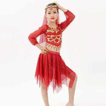 2017 Indické Šaty Pre Dievča, 5 ks 2 ks, Brušný Tanec Kostým Pre Dievčatá, Deti Brušný Tanec Kostým Bollywood Kostýmy Bellydacne