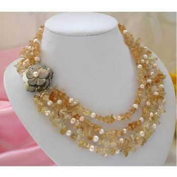 Nové Jedinečné Pearl Šperky 4 Riadky Biele, Ružové A Sladkovodné Perly Yellow Crystal Náhrdelník Shell Kvet Spona Jemné Ženy Darček