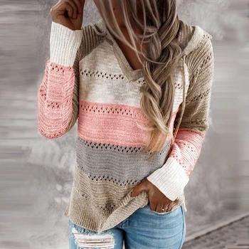 Ženy Móda Bežné Pletené Stripe Hooded Sweater Patchwork Farebný Blok Duté Z Pulóver Harajuku Kórejský Štýl Mikina