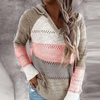 Ženy Móda Bežné Pletené Stripe Hooded Sweater Patchwork Farebný Blok Duté Z Pulóver Harajuku Kórejský Štýl Mikina